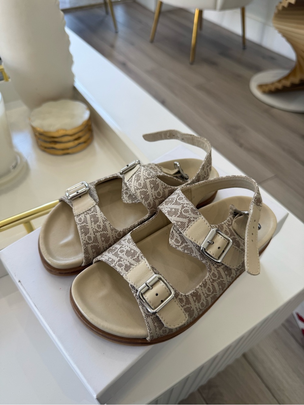 Kids Dior Beige Patterned Buckle Sandals